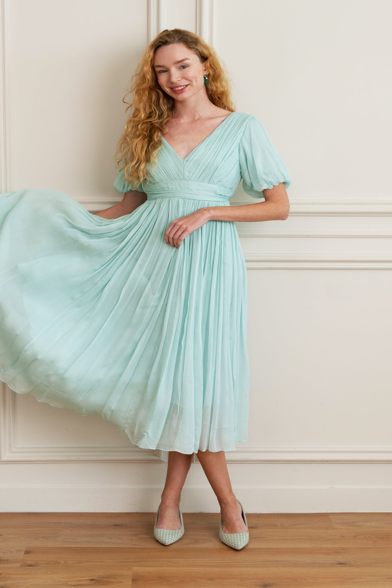 women gathered silk chiffon dress