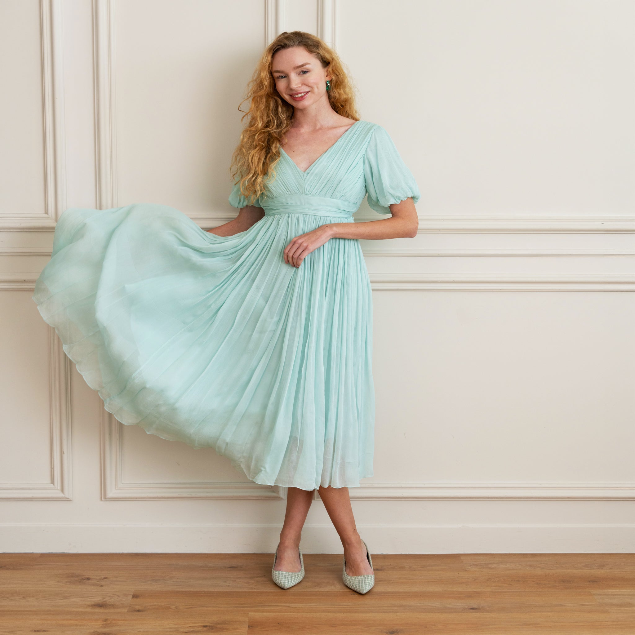 women gathered silk chiffon dress