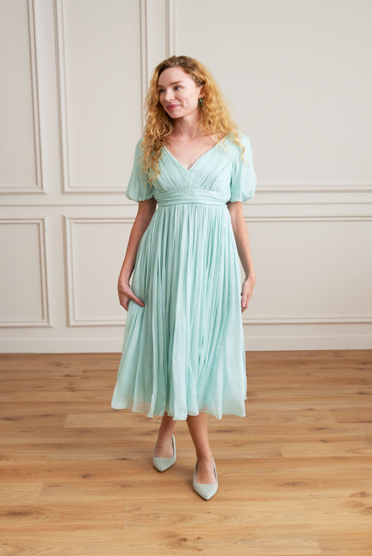 women wearing silk chiffon midi dress puff sleeve, v-neck dress