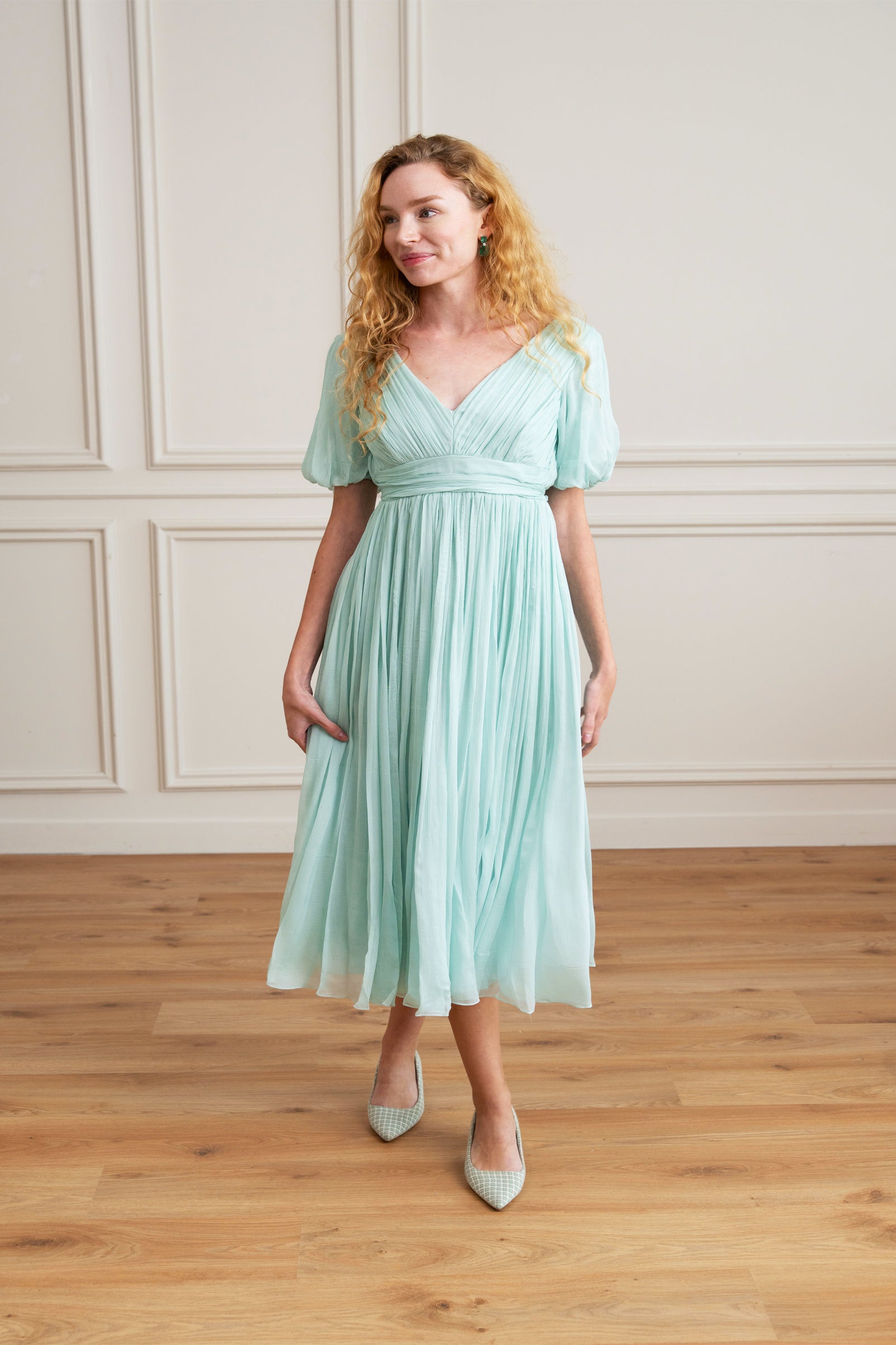 women wearing silk chiffon midi dress puff sleeve, v-neck dress