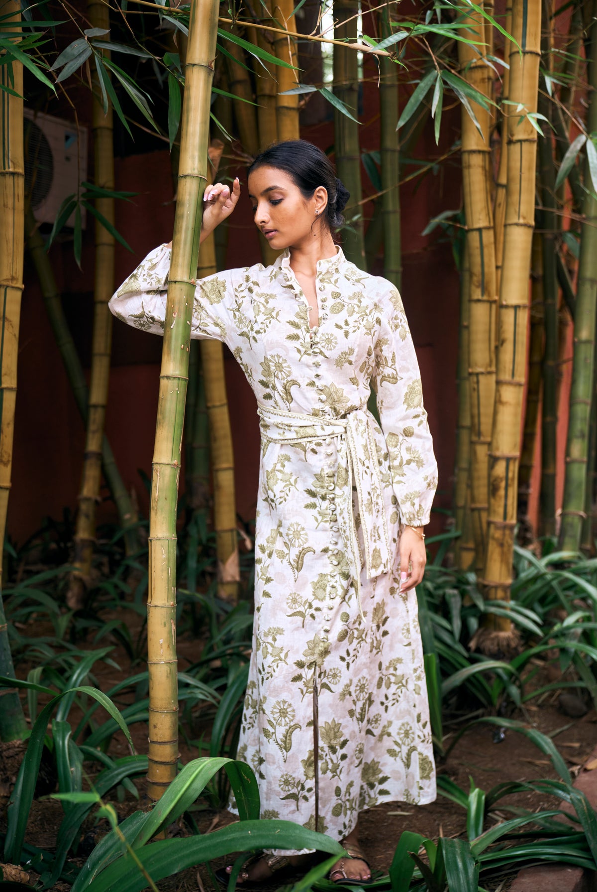 Green Floral Cauliflower Printed linen dress