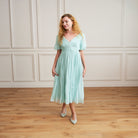 women wearing silk chiffon midi dress puff sleeve, v-neck dress