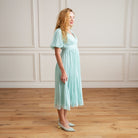 Pleated dress, midi dress, short sleeve, blouson sleeve, tie detail, v-neck