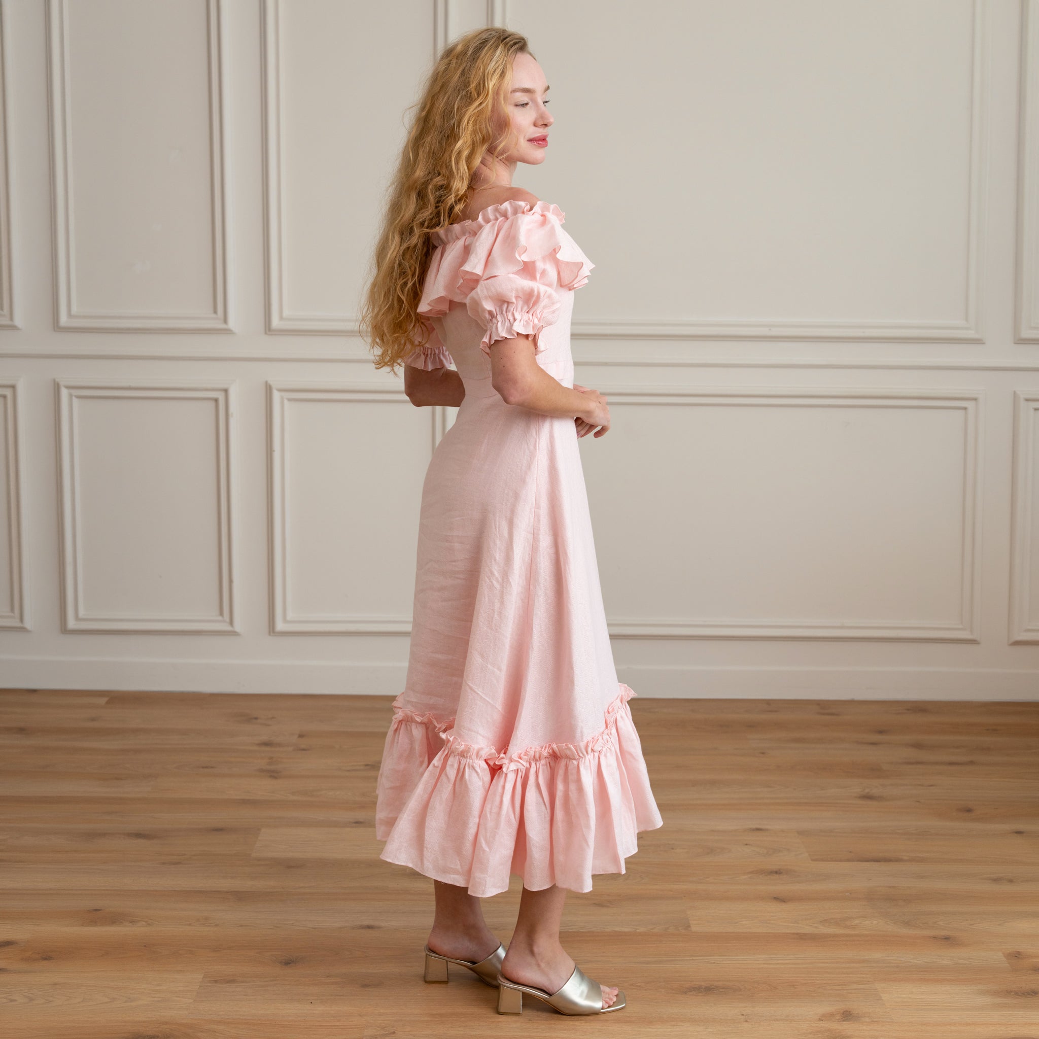 baby pink dress, midi dress, puff sleeve
