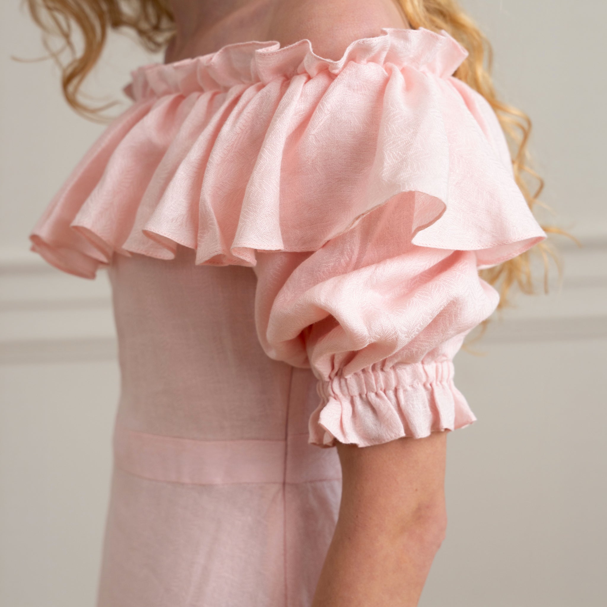 light pink self designed dobby linen short puff sleeve midi dress
