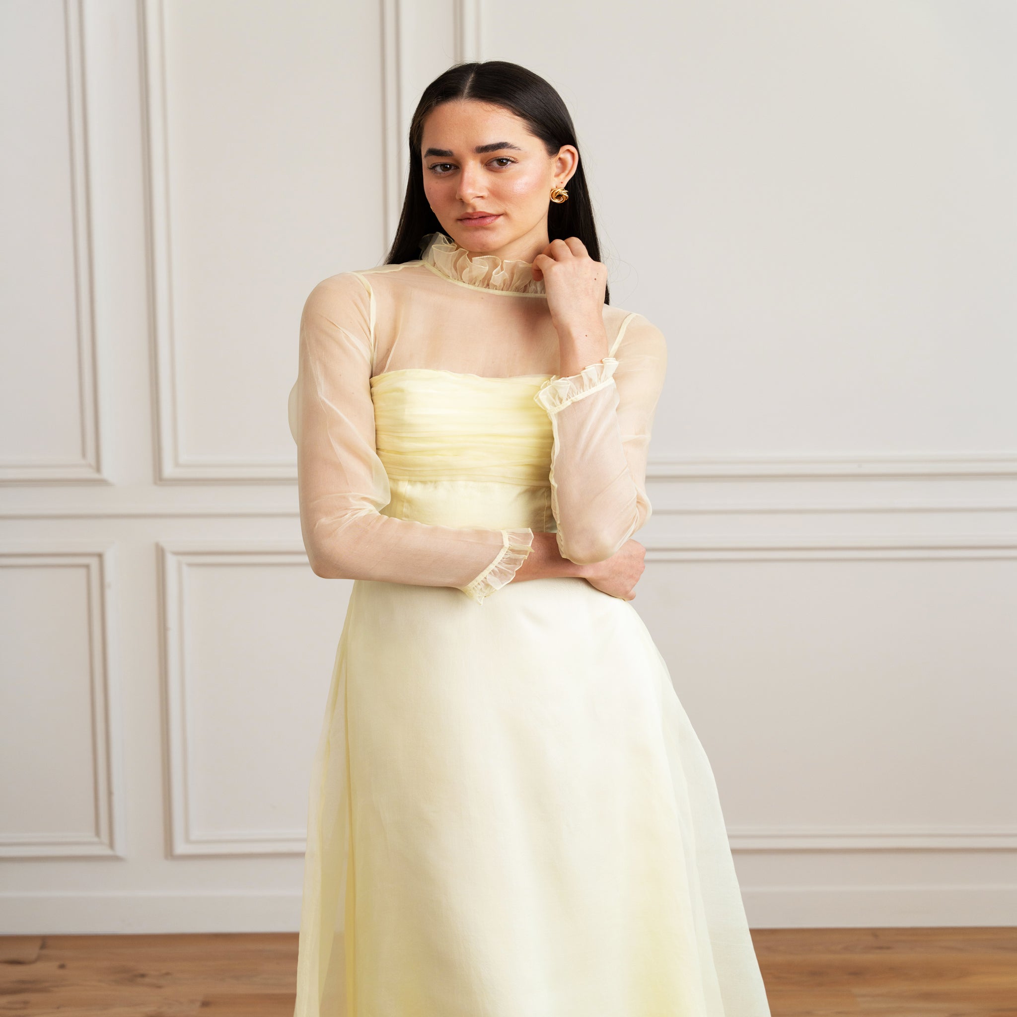 Luxury pastel yellow silk organza maxi dress for women front angle
Elegant pastel yellow formal maxi dress by itkori